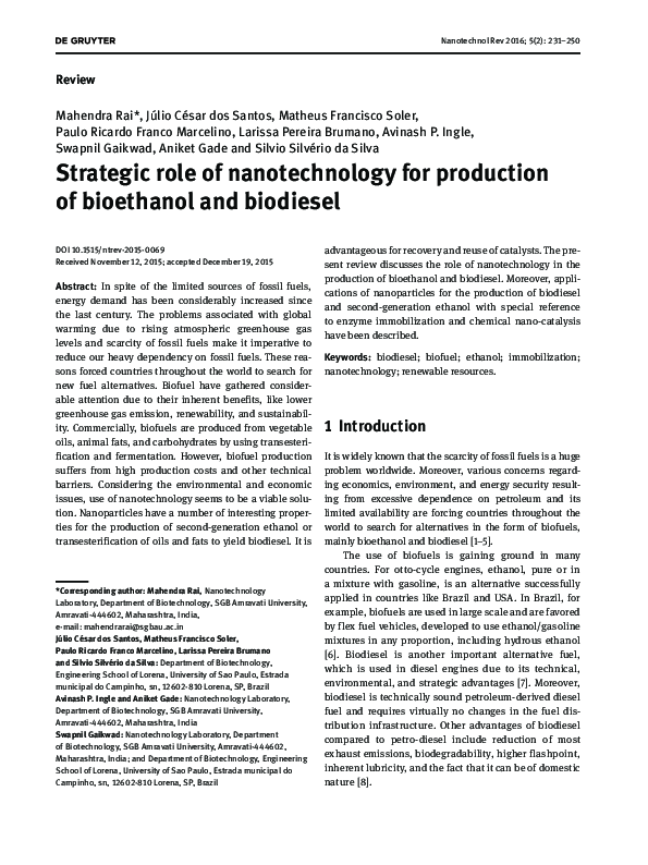 (PDF) Strategic role of nanotechnology for production of bioethanol and ...