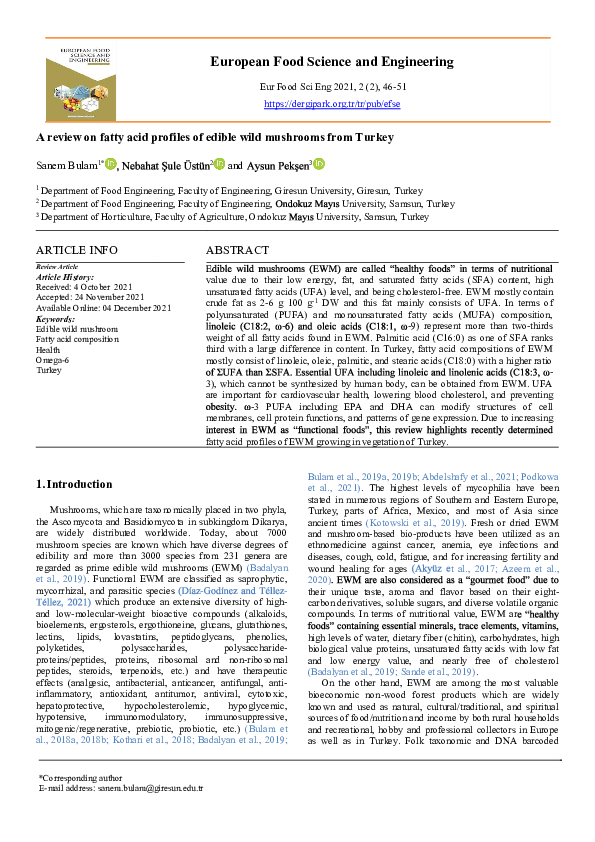 (PDF) A review on fatty acid profiles of edible wild mushrooms from Turkey