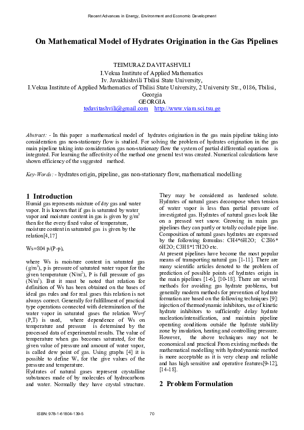 (PDF) On Mathematical Model of Hydrates Origination in the Gas Pipelines