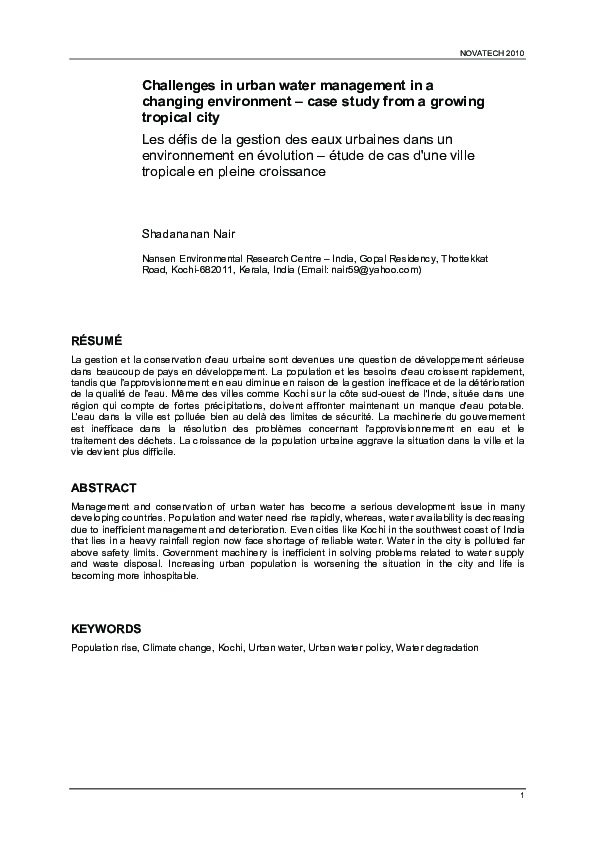 (PDF) Challenges in urban water management in a changing environment ...