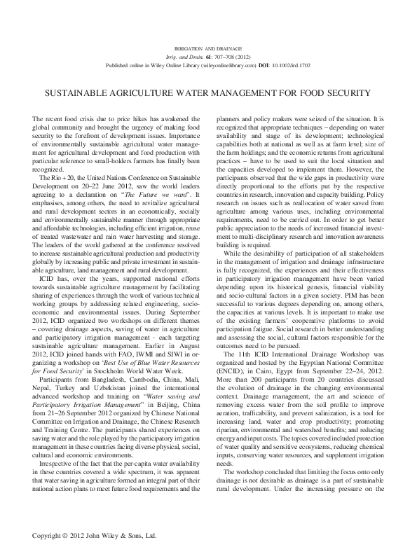 (PDF) Sustainable Agriculture Water Management for Food Security