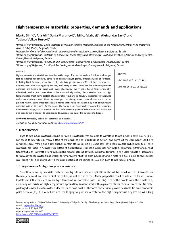 (PDF) High temperature materials properties, demands and applications Milica Vlahovic