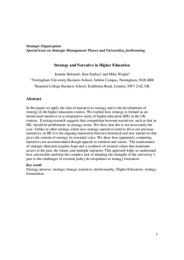 (PDF) Strategy and narrative in higher education Jeannie Holstein