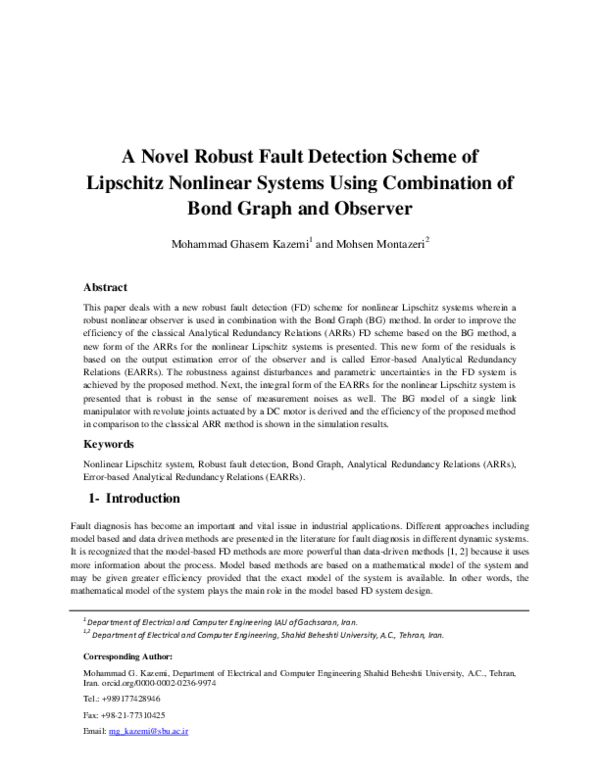 (PDF) A Novel Robust Fault Detection Scheme of Lipschitz Nonlinear ...