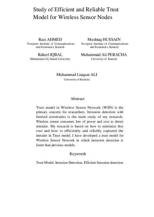 (PDF) Study of Efficient and Reliable Trust Model for Wireless Sensor Nodes