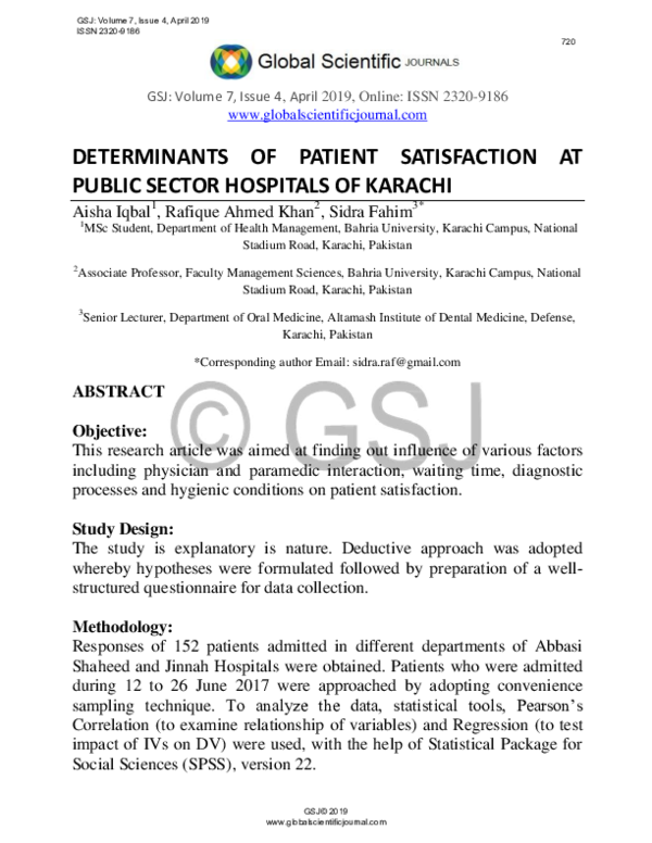(PDF) DETERMINANTS OF PATIENT SATISFACTION AT PUBLIC SECTOR HOSPITALS ...