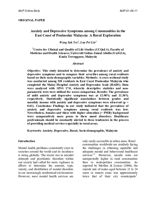 (PDF) Anxiety and Depressive Symptoms among Communities in the East ...