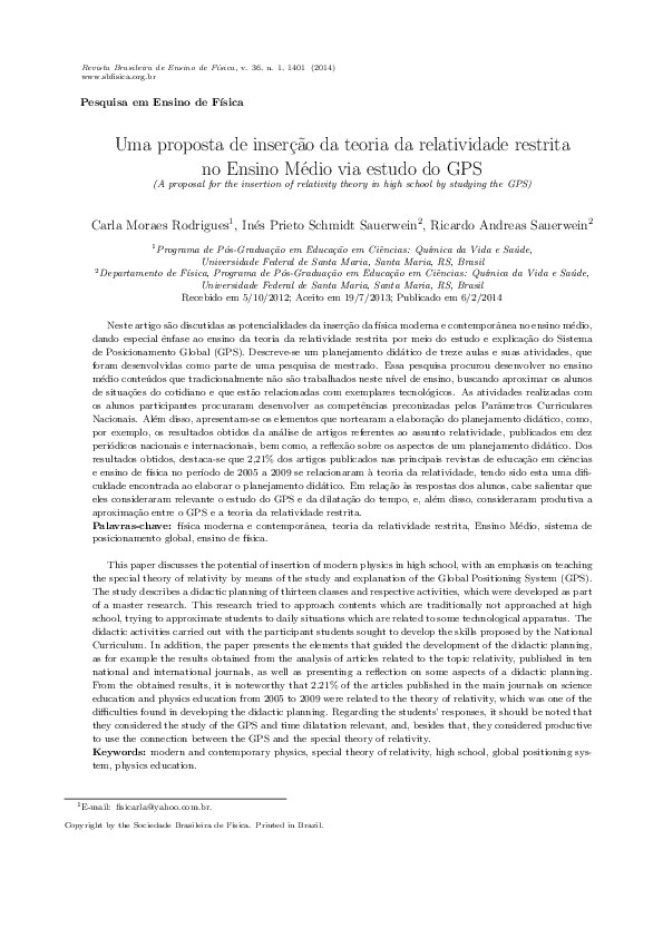(PDF) Uma proposta de inserção da teoria da relatividade restrita no Ensino Médio via estudo do