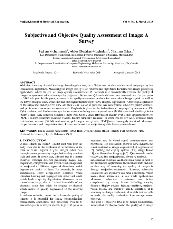 (PDF) Subjective and Objective Quality Assessment of Image: A Survey