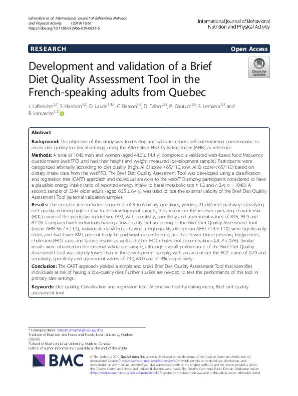 (PDF) Development and validation of a Brief Diet Quality Assessment ...