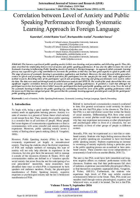 (PDF) Correlation between Level of Anxiety and Public Speaking ...