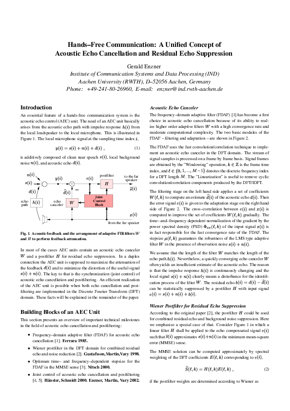(PDF) Hands–Free Communication: A Unified Concept of Acoustic Echo ...