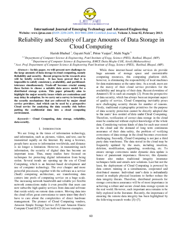 (PDF) Reliability and Security of Large Amounts of Data Storage in ...