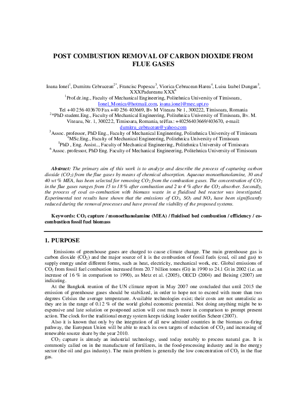 (PDF) Post Combustion Removal of Carbon Dioxide from Flue Gases