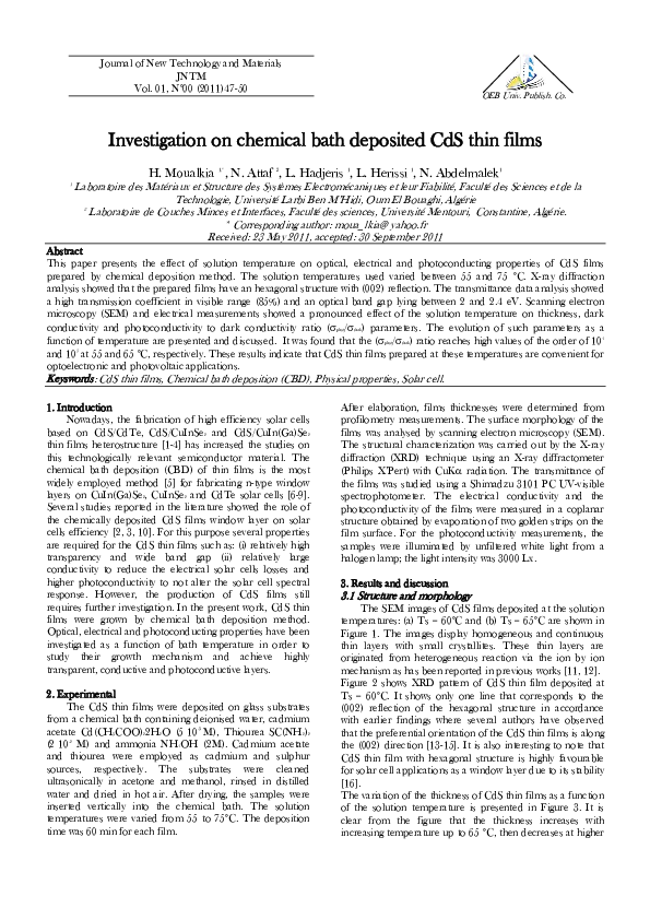 (PDF) Investigation on chemical bath deposited CdS thin films