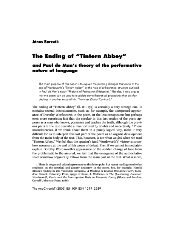 (PDF) The Ending of 'Tintern Abbey' and Paul de Man's Theory of the ...