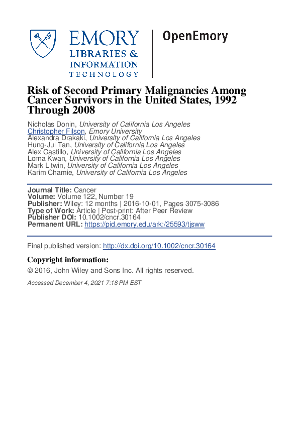 (PDF) Risk of second primary malignancies among cancer survivors in the ...