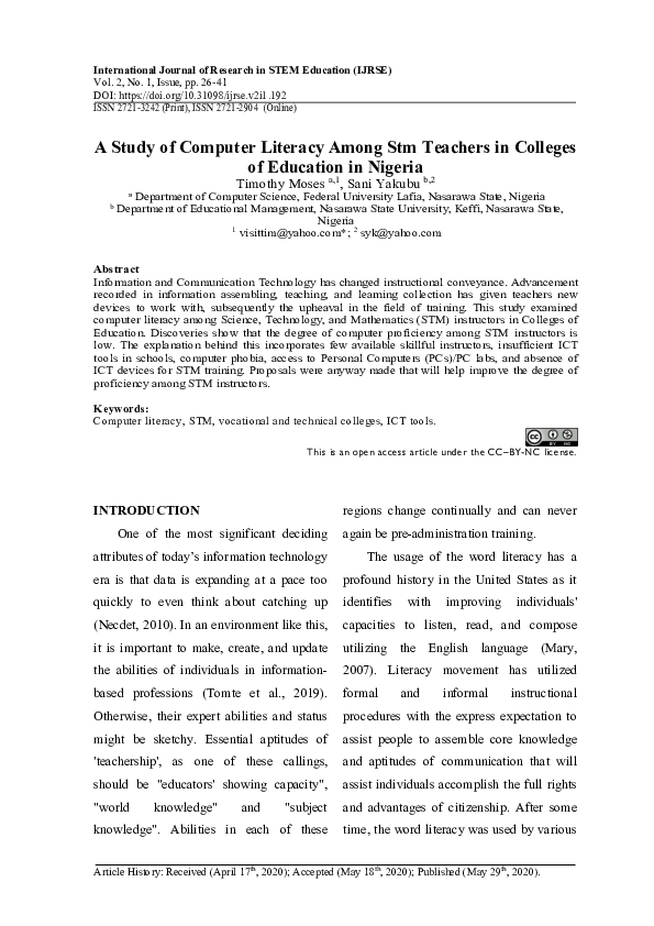 (PDF) A Study of Computer Literacy Among Stm Teachers in Colleges of ...