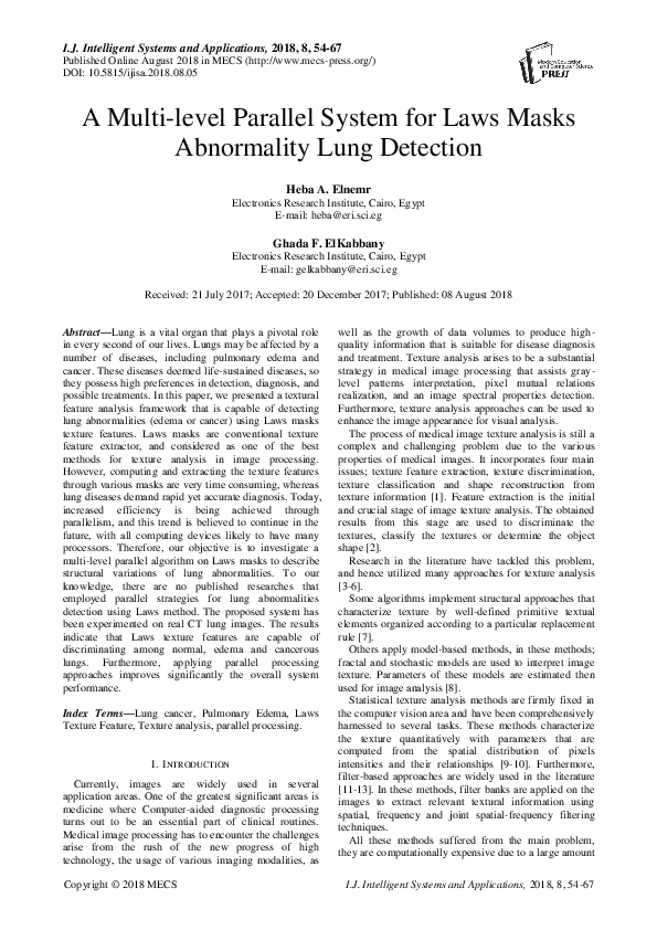 (PDF) A Multi-level Parallel System for Laws Masks Abnormality Lung ...