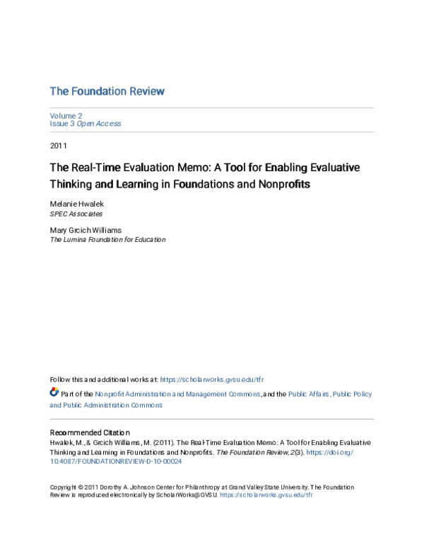 (PDF) The Real-Time Evaluation Memo: A Tool for Enabling Evaluative ...