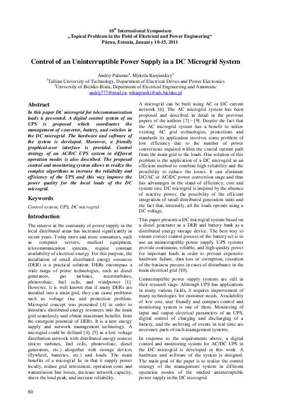 (PDF) Control of an Uninterruptible Power Supply in a DC Microgrid System