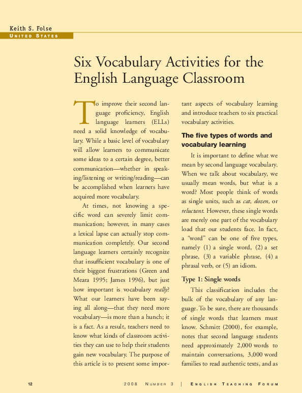 (PDF) Six Vocabulary Activities for the English Language Classroom