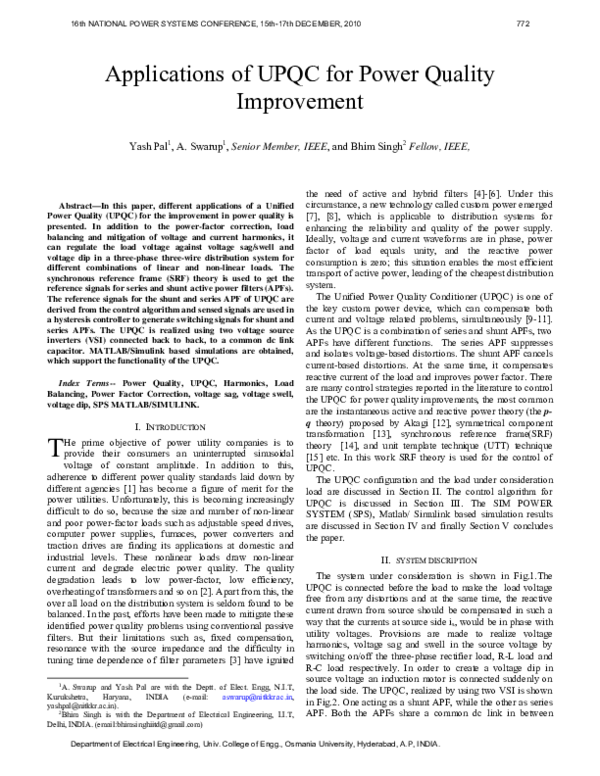 (PDF) Applications of UPQC for Power Quality Improvement