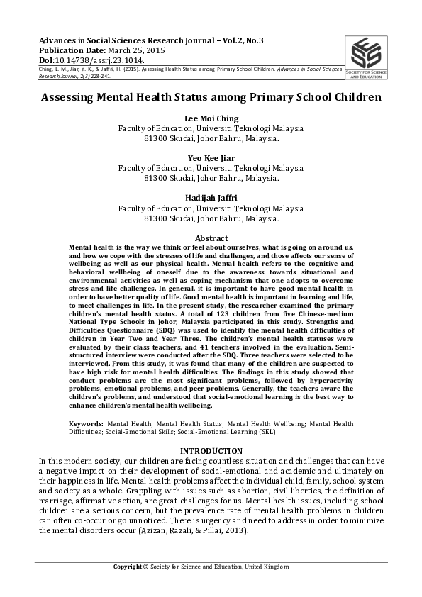 (PDF) Assessing Mental Health Status among Primary School Children