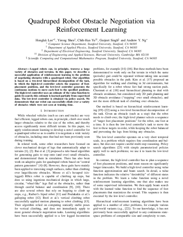 (PDF) Quadruped robot obstacle negotiation via reinforcement learning