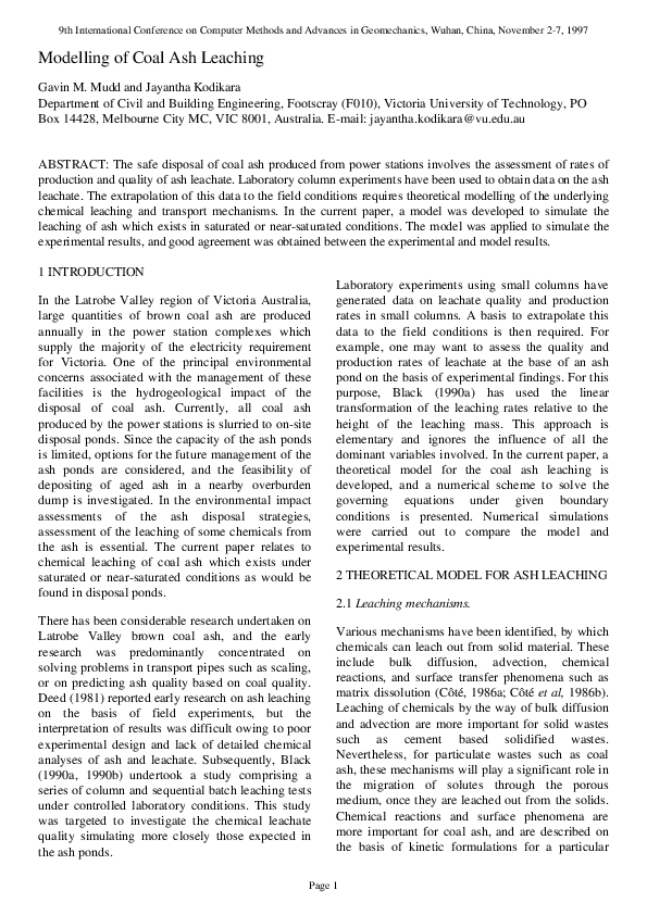 (PDF) Modelling of Coal Ash Leaching