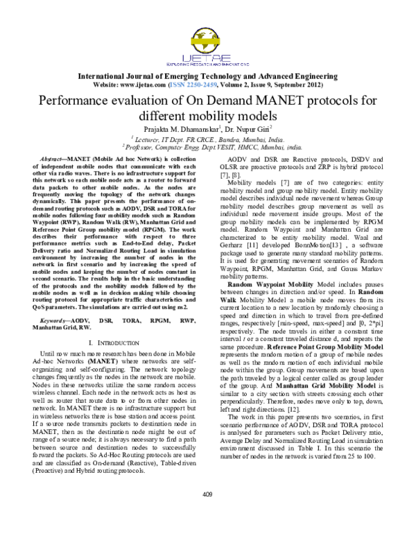 (PDF) Performance evaluation of On Demand MANET protocols for different ...