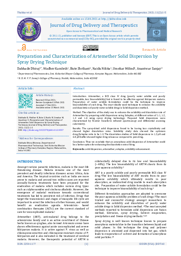 (PDF) Preparation and Characterization of Artemether Solid Dispersion ...