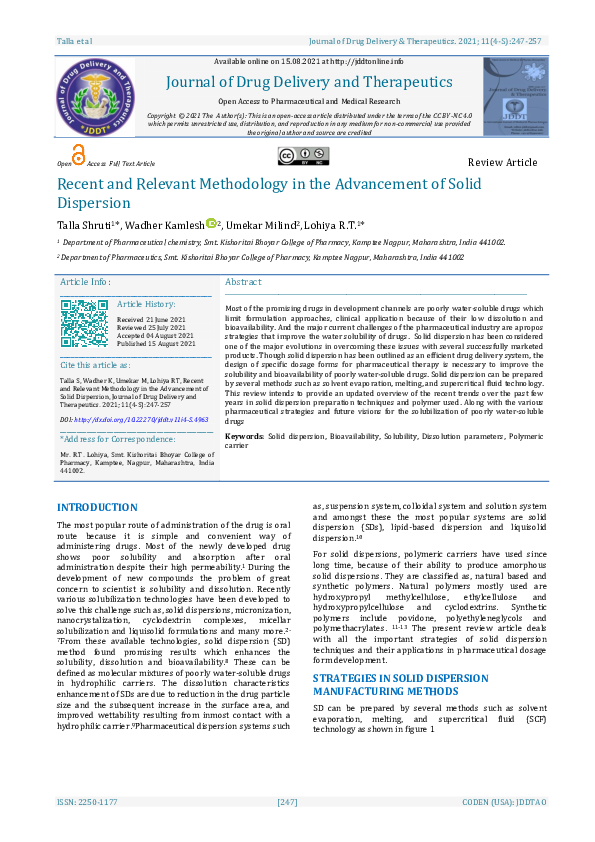 (PDF) Recent and Relevant Methodology in the Advancement of Solid ...