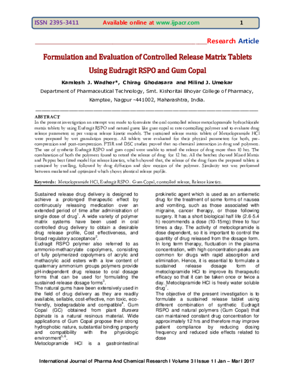 (PDF) Formulation and Evaluation of Controlled Release Matrix Tablets ...