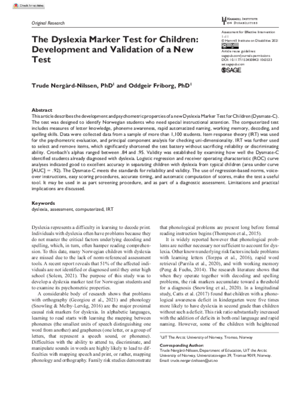 (PDF) The Dyslexia Marker Test for Children: Development and Validation ...