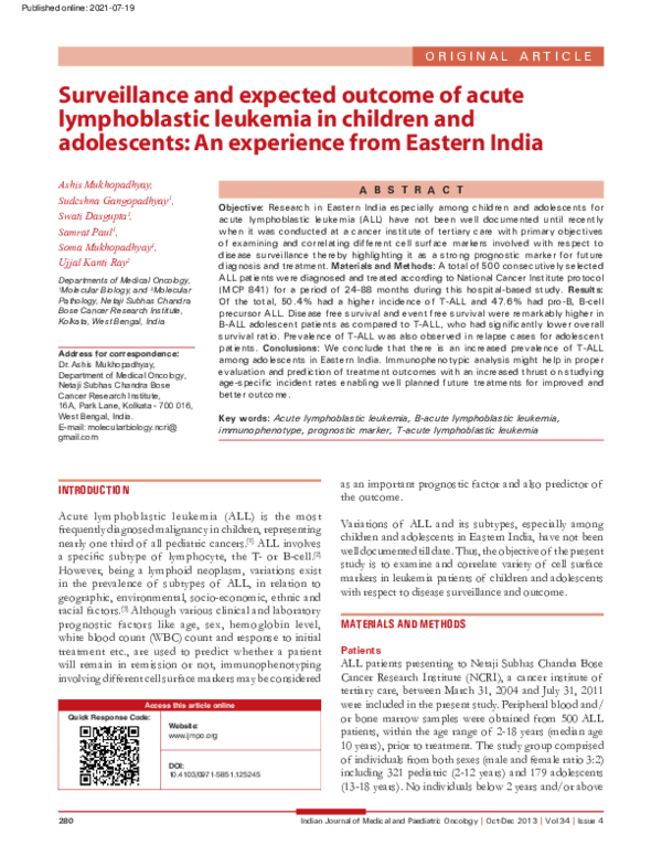 (PDF) Surveillance and expected outcome of acute lymphoblastic leukemia ...