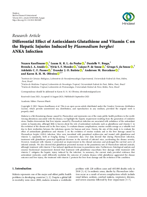 PDF) Differential Effect of Antioxidants Glutathione and Vitamin C on the  Hepatic Injuries Induced by Plasmodium berghei ANKA Infection