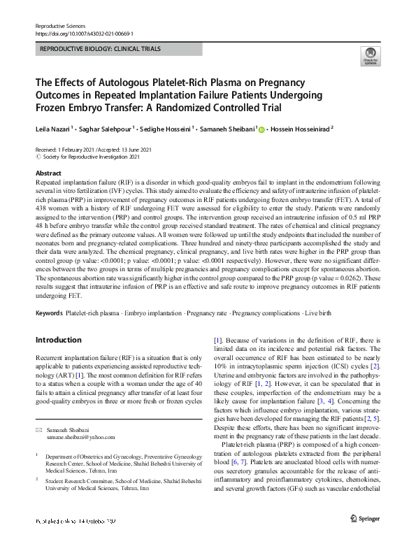 (PDF) The Effects of Autologous Platelet-Rich Plasma on Pregnancy ...