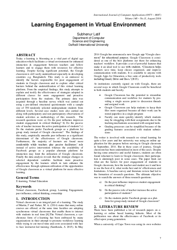 (PDF) Learning Engagement in Virtual Environment