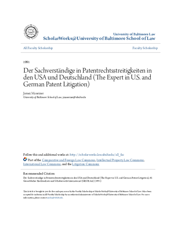 (PDF) The Expert in U.S. and German Patent Litigation (Der