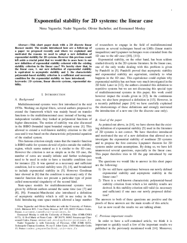 (PDF) Exponential stability for 2D systems: the linear case