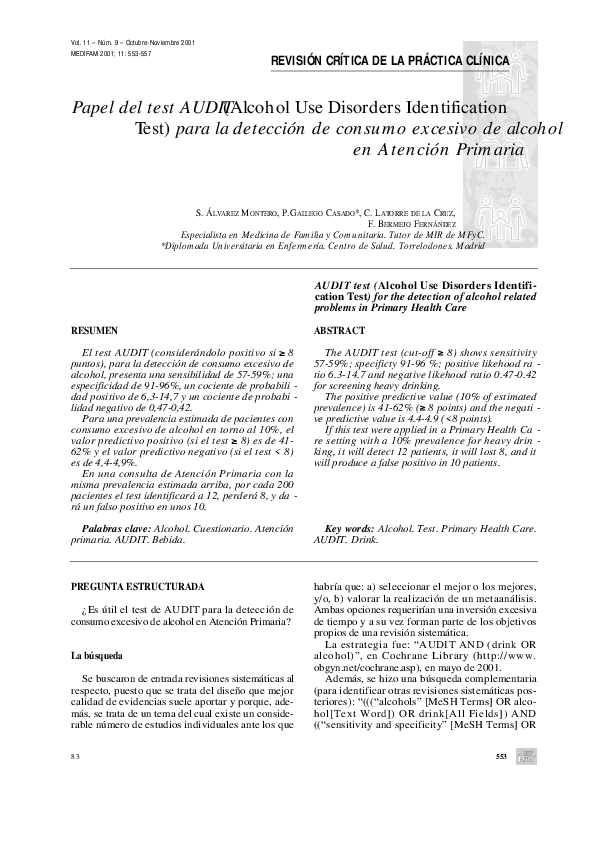 (PDF) Papel del test AUDIT (Alcohol Use Disorders Identification Test