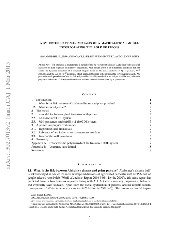 (PDF) Alzheimer’s Disease: Analysis of a Mathematical Model ...