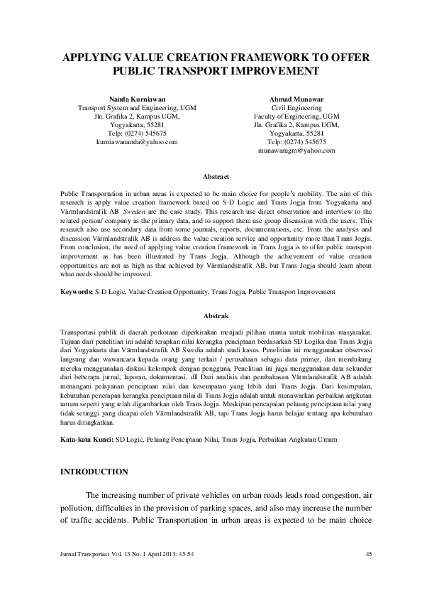 (PDF) Applying Value Creation Framework to Offer Public Transport ...
