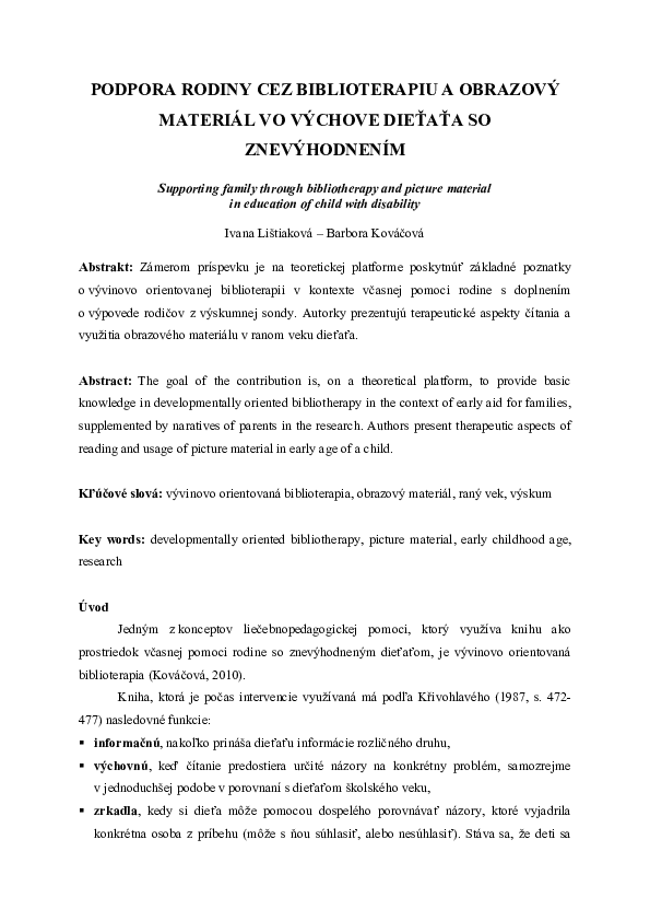 (PDF) Podpora rodiny cez biblioterapiu a obrazový materiál vo výchove ...