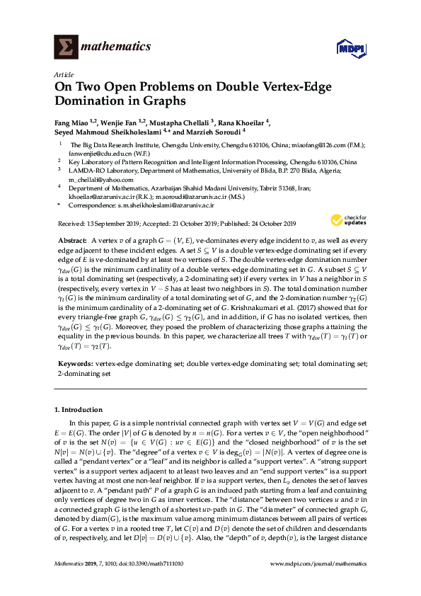 (PDF) On Two Open Problems on Double Vertex-Edge Domination in Graphs