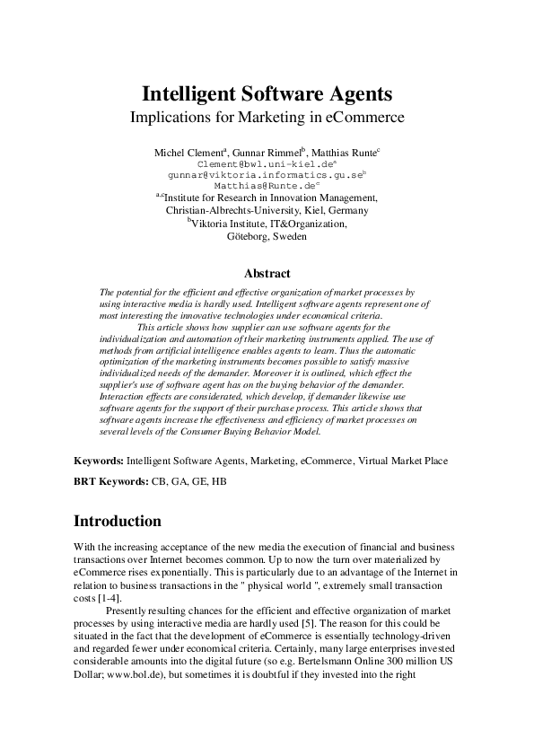 (PDF) Intelligent Software Agents : Implications for Marketing in eCommerce