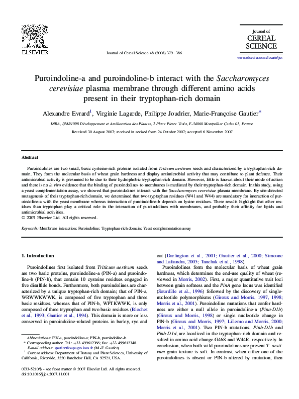 (PDF) Puroindoline-a and puroindoline-b interact with the Saccharomyces ...