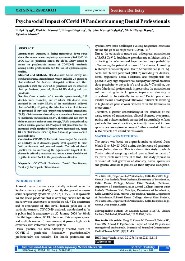 (PDF) Psychosocial Impact of Covid 19 Pandemic among Dental Professionals