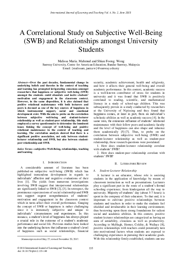 (PDF) A Correlational Study on Subjective Well-Being (SWB) and ...